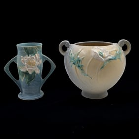 Pair Of Vintage Roseville Pottery Vases, Blue Two-Handled Water Lily And Yellow Poppy