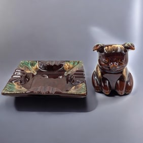 Vintage Hull Pottery "Corky the Pig" Piggy Bank And A Roseville Pottery Hyde Park Pattern Ashtray
