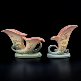 Pair Of Vintage Pink Hull Pottery Cornucopia Vases