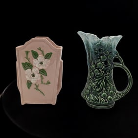 Vintage Green McCoy Pottery Grape Pattern Pitcher And Hull Art Pottery Rosella Dogwood Vase