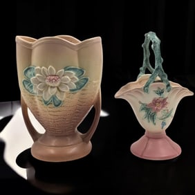 Pair Of Vintage Hull Pottery Pieces, Water Lily Vase And A Woodland Basket