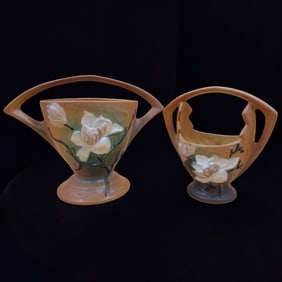Pair Of Vintage Roseville Pottery Magnolia Basket Vases