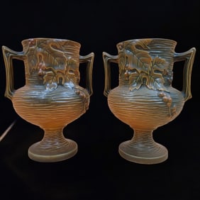 Pair Of Vintage Roseville Pottery Bushberry Handled Vase