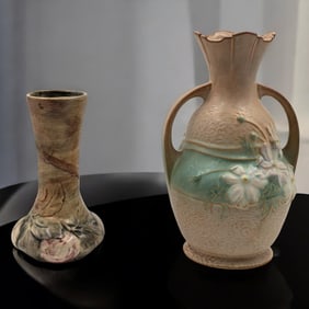 Vintage Orange Roseville Cosmo Pottery Vase And An Antique Weller Pottery Baldin Apple Vase