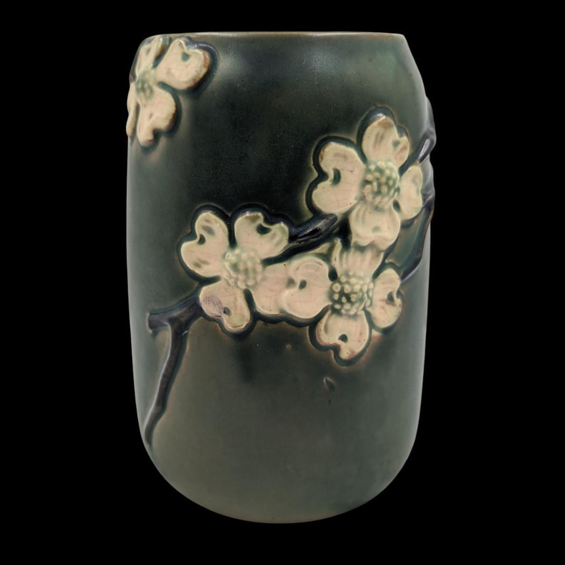 Vintage Roseville Smooth Green Dogwood Pottery Vase: Vintage Roseville Smooth Green Dogwood Pottery Vase. Measures approx. 8 1/4" X 5". Please copy and paste the URL link below to review our Terms and Conditions for bidding, payment, shippin