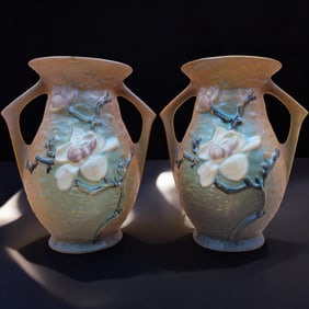 Pair Of Vintage Roseville Pottery Magnolia Vases