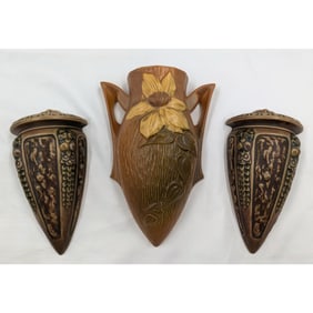 Lot Of 3 Antique Roseville Pottery Wall Pockets, Two Florentine Pattern And One Clematis