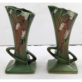 Pair Of Vintage Green Roseville Pottery Snowberry Vases