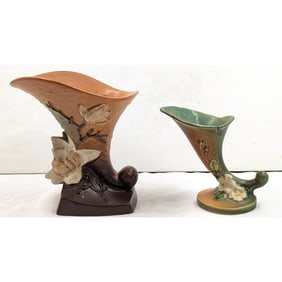 Pair Of Vintage Roseville Cornucopia Vases, Green White Rose Pattern And Brown Magnolia Pattern