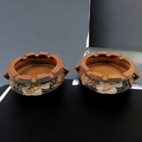 Pair Of Vintage Roseville Pottery Brown Magnolia Ashtrays