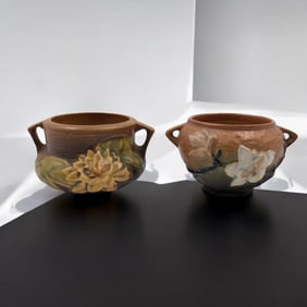 Pair Of Vintage Roseville Pottery Brown Handled Jardinieres, Water Lily And Magnolia Pattern