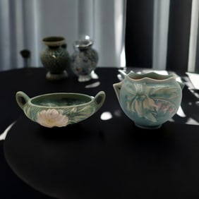 Pair Of Vintage Roseville Pottery Pieces, Green Bleeding Heart Vase And Green Water Lily Bowl