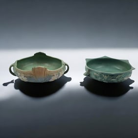 Pair Of Vintage Green Roseville Pottery Bowls, Bleeding Heart And Cosmo Pattern