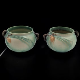 Pair Of Vintage Green Roseville Pottery Pinecone Pattern Jardinieres