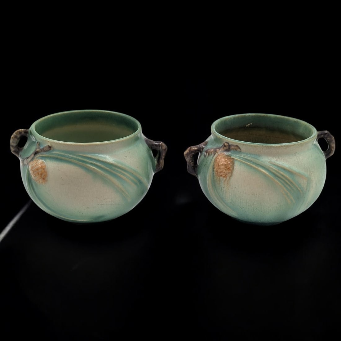 Pair Of Vintage Green Roseville Pottery Pinecone Pattern Jardinieres (1 of 14)