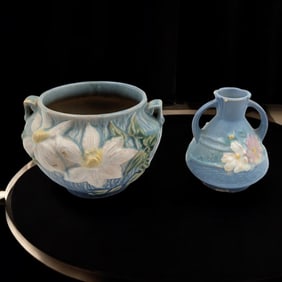 Pair Of Vintage Blue Roseville Pottery Pieces, Cosmo Pattern Vase And Clematis Pattern Jardiniere