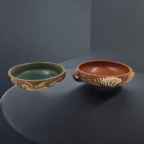 Pair Of Vintage Brown Roseville Pottery Bowls, Zephyr Lily Pattern And Freesia Pattern Console Bowl