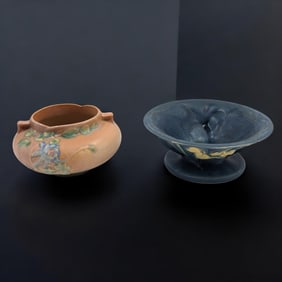 Pair Of Vintage Roseville Pottery Pieces, Blue Zephyr Lily Footed Bowl And Orange Columbine Vase