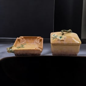 Vintage Orange Roseville Pottery Wincraft Ashtray And Cigarette Box w/ Lid