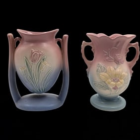 Pair Of Vintage Hull Pottery Double Handled Vases, Tulip And Magnolia Pattern