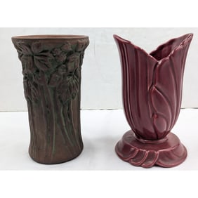 Vintage Shawnee Pottery Maroon Fan Vase And A Peters And Reed Moss Aztec Vase