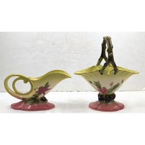 Vintage Hull Pottery Woodland Cornucopia Vase And Gloss Basket