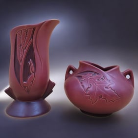 Pair Of Vintage Rosville Pottery Red Silhouette Vases