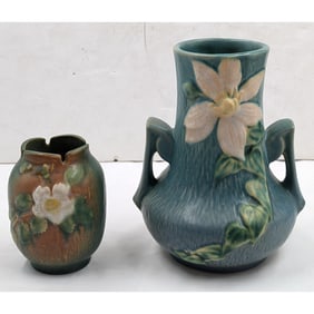 Pair Of Vintage Roseville Pottery Vases, Green White Rose Pattern And Blue Clematis Pattern