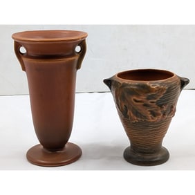 Vintage Roseville Pottery Brown Russco Pottery Vase And A Brown Bushberry Vase