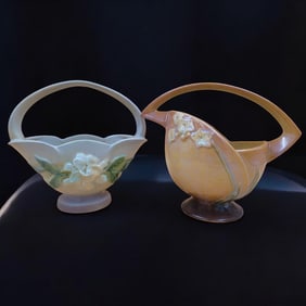 Pair Of Vintage Roseville Pottery Basket Vases