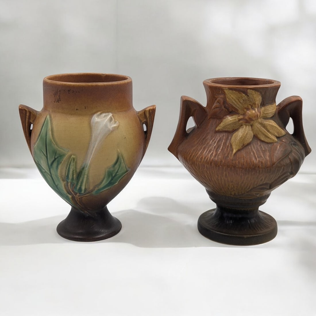Pair Of Vintage Brown Roseville Pottery Vases, Clematis Pattern And Thorn Apple Pattern (1 of 18)
