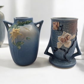 Pair Of Vintage Blue Roseville Pottery Vases, Magnolia Pattern And Columbine Pattern