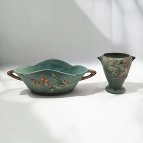 Vintage Green Roseville Pottery Bushberry Vase And Bittersweet Basket Bowl