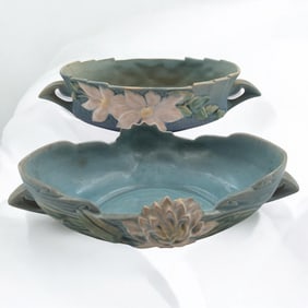 Pair Of Blue Vintage Roseville Pottery Console Bowls, Columbine Pattern And Water Lily Pattern
