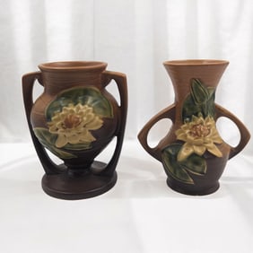 Pair Of Brown Vintage Roseville Pottery Double Handled Water Lily Vases