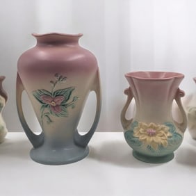 Pair Of Vintage Hull Pottery Double Handled Vases, Wildflower And Water Lily Pattern