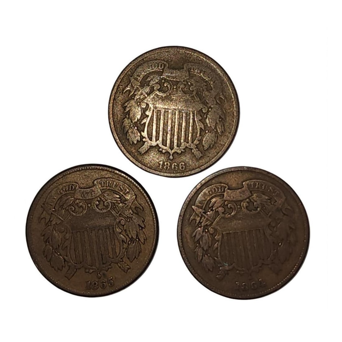 Lot Of 3 Antique Coins 1864, 1865 And 1866 2 Cents Ungraded (1 of 10)