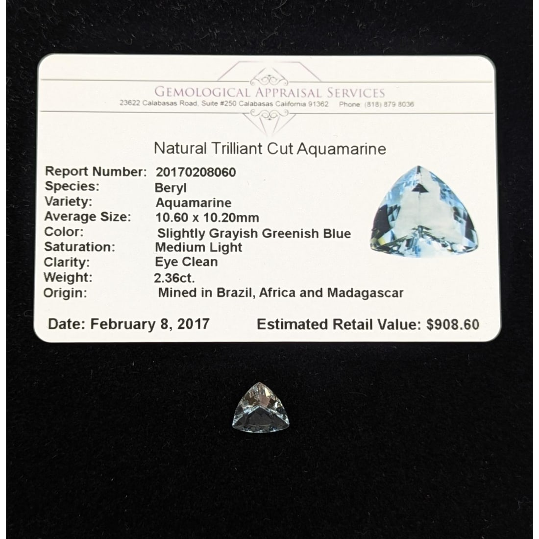 A Beautiful Loose 2.36ct Natural Trilliant Cut Aquamarine Gemstone, With Appraisal (1 of 10)