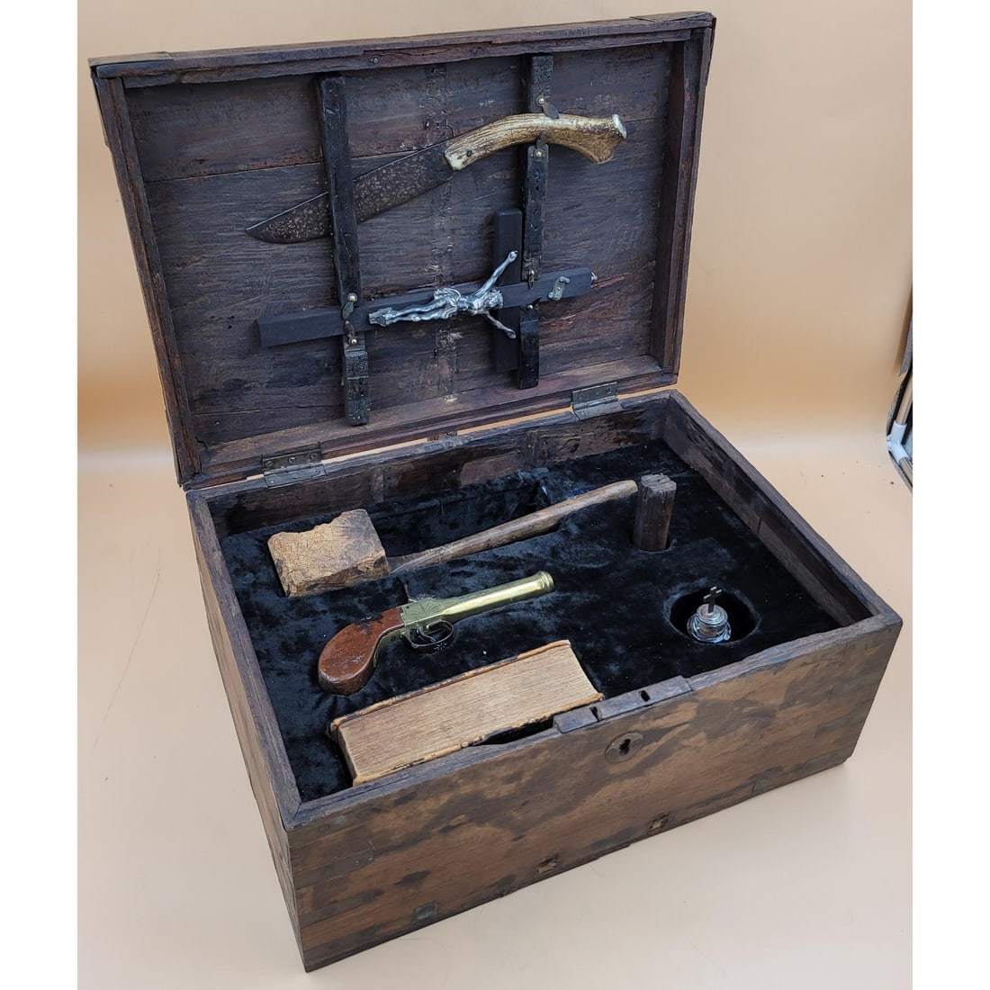 19th Century Vampire Kit, Tools For Hunting & Killing: **DUE TO THIS LOT BEING CLASSED AS A WEAPONS IT MUST BE PAID VIA BANK WIRE TRANSFER OR CERTIFIED CHECK.** 19th Century Vampire Kit, Tools For Hunting & Killing. Kit includes: box of Norway Spruce, lar