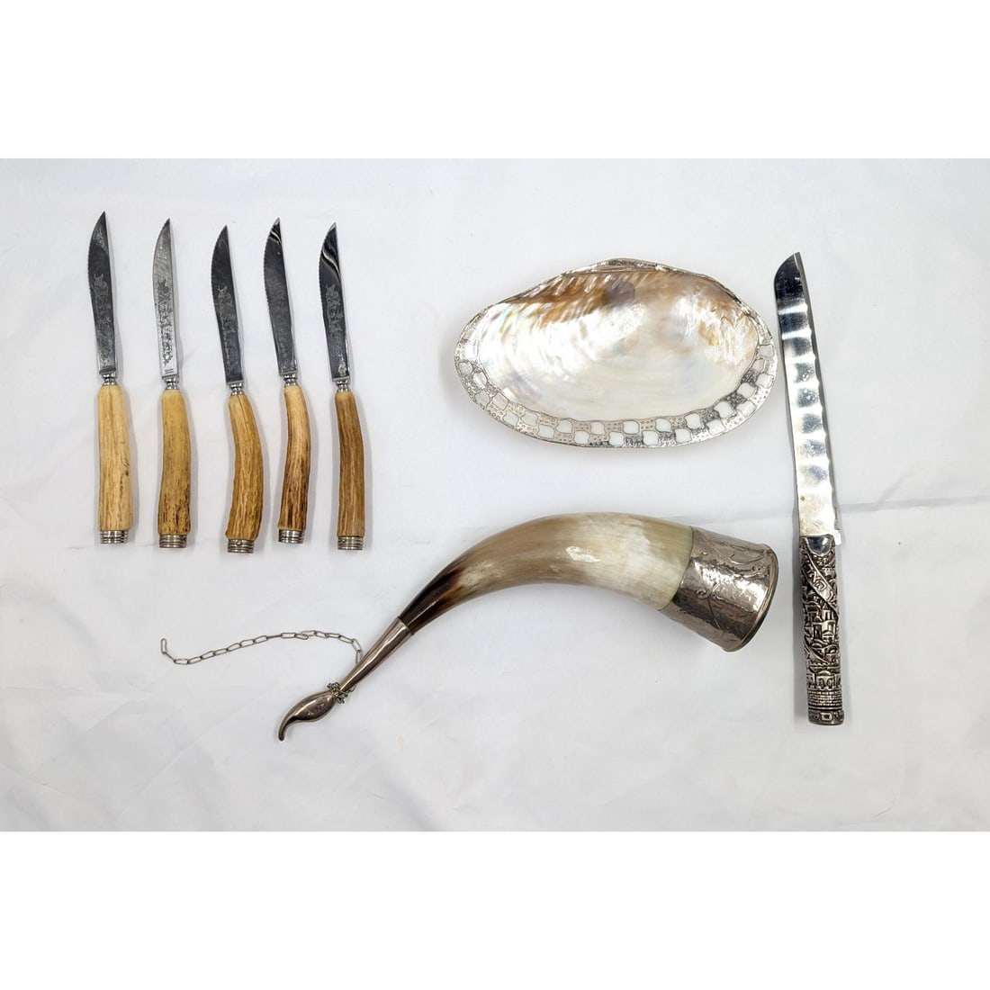 Lot Of 8 Vintage Tableware Dishes And Utensils, Including Sterling Silver, Silver Overlay, And Horn (1 of 20)