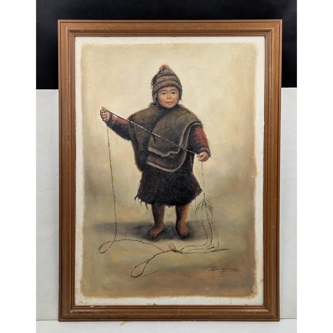 A Vintage Signed And Dated Oil On Canvas Eskimo Child Painting With A Love Message On Back: A Vintage Signed And Dated Oil On Canvas Eskimo Child Painting With A Love Message On Back. This painting seems to come from Lima, Peru. Measures approx. 30 1/2" X 22 1/2", Sight measures approx. 27 1