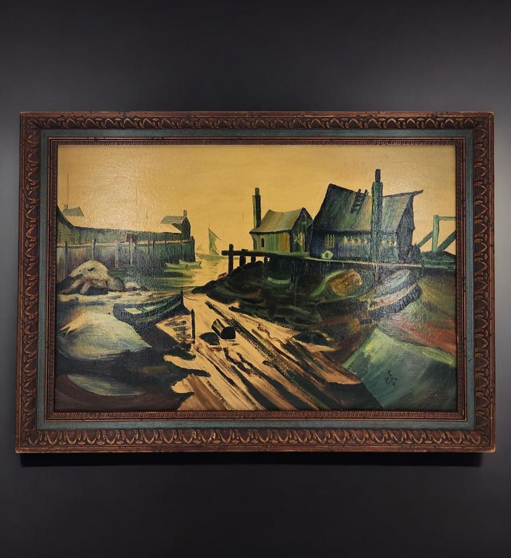 Ben Bey 1938-2020 Oil On Board Painting Signed Titled "MISTY HARBOR" #50544: Ben Bey 1938-2020 Oil On Board Painting Signed. Frame Measures 24" X 34.5", Sight 19.5" X 29.5". Provenance: Single Florida Estate. Please copy and paste the URL link below to review our T