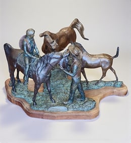 Snell Maurice (Snellen) Johnson 1929-2001 Titled "FAMILY" Bronze Sculpture Of Horses 1987