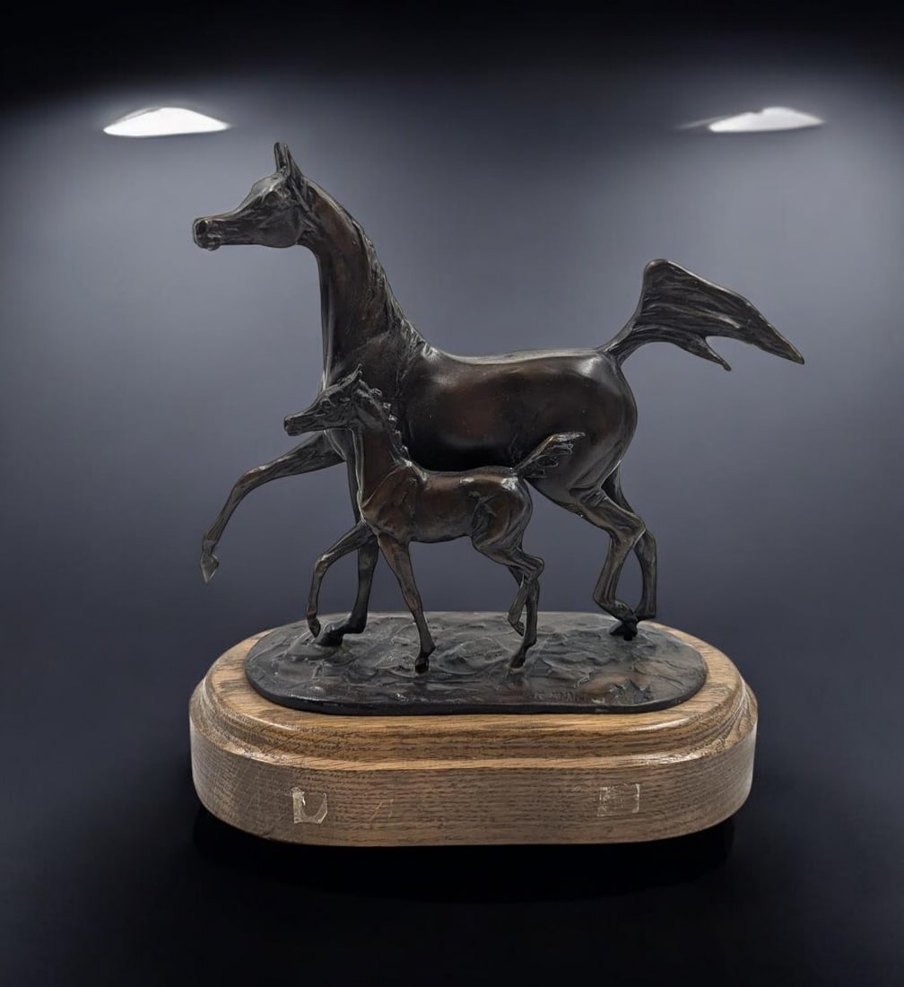 Unmarked Canadian National Arabian Horse Championship Mother/Mare Bronze Sculpture by Jill Mckinney: Unmarked Canadian National Arabian Horse Championship Mother/Mare Bronze Sculpture by Jill Mckinney. Measures approx. 10" X 5" X 11 1/2". Please copy and paste the URL link below to review