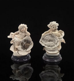 Giuseppe Armani Figurines: Pair Of Zodiac Cherubs "Cancer" 1241F And "Pisces" 528F In Original Boxes