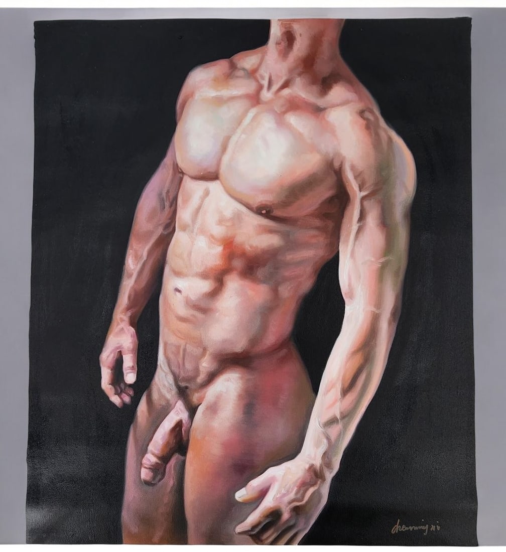 Academic Male Nude On Canvas Signed: Acrylic Academic Male Nude Painting Signed. Measure Unframed 29" X 23". Provenance: Single Florida Estate. Please copy and paste the URL link below to review our Terms and Conditions for b