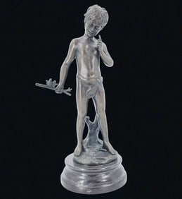 French-A Moreau Bronze Figure Of A Boy With 2 Birds Signed