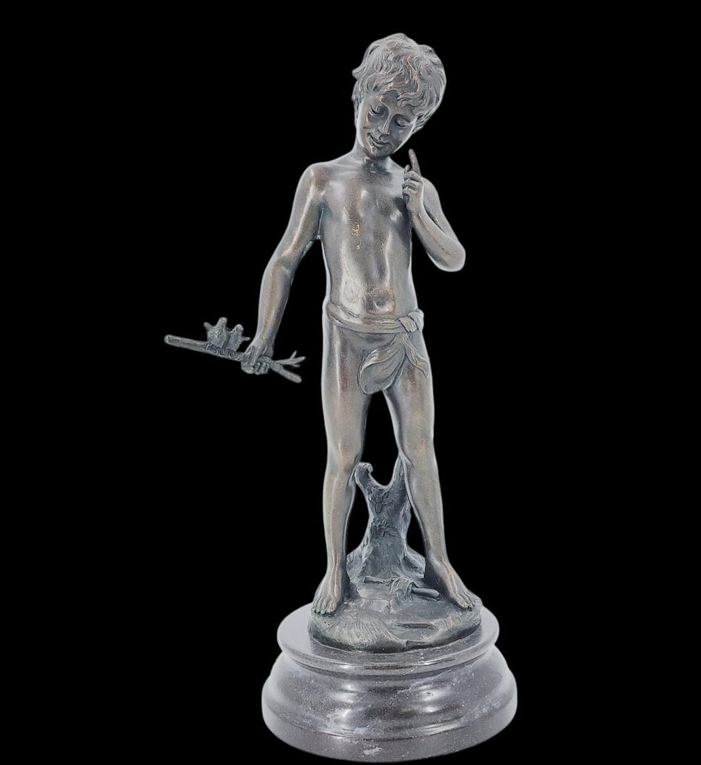French-A Moreau Bronze Figure Of A Boy With 2 Birds Signed: French-A Moreau Bronze Figure Of A Boy With 2 Birds Signed. Measure 14 3/4" Tall Overall. Provenance: Single Florida Estate. Please copy and paste the URL link below to review our Terms an