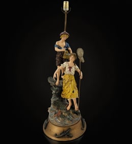 French-L Moreau Spelter Figural Lamp Painted Signed