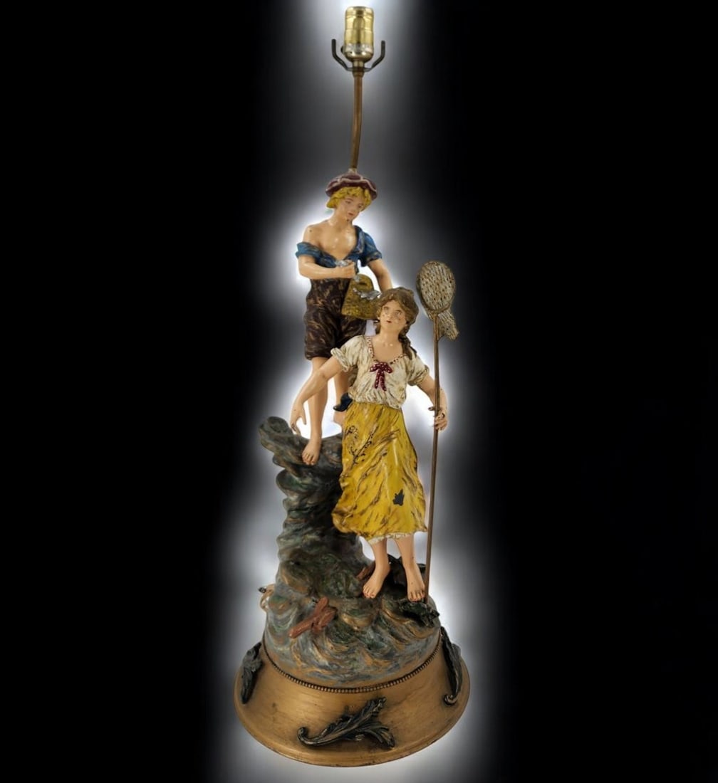 French-L Moreau Spelter Figural Lamp Painted Signed (1 of 14)